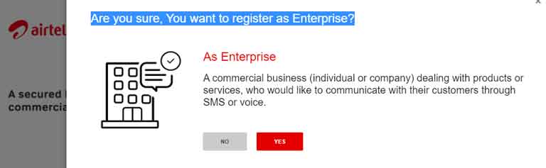 airtel Are you sure, You want to register as Enterprise